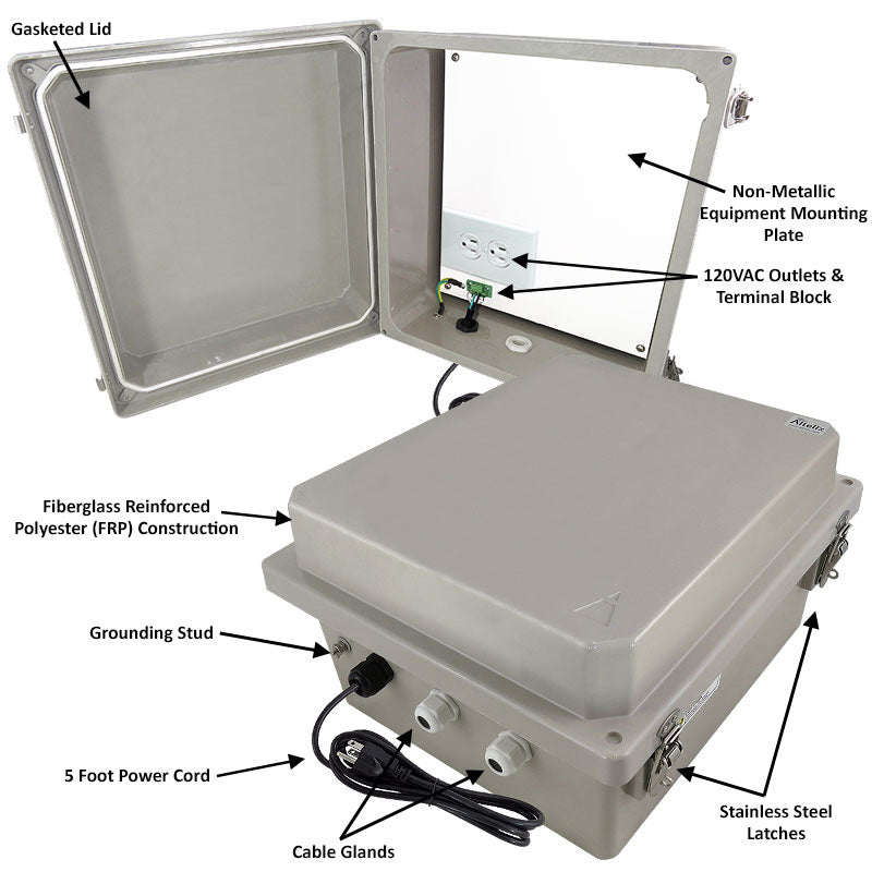 Altelix 14x12x8 Fiberglass Weatherproof WiFi NEMA 4X Enclosure with No-Drill PVC Equipment Mounting Plate, 120 VAC Outlets & Power Cord