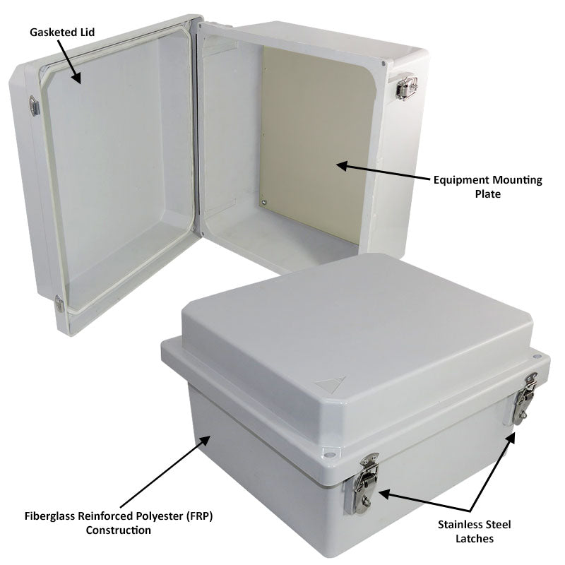 Altelix 14x12x8 Fiberglass Weatherproof NEMA 4X Enclosure with Blank Aluminum Mounting Plate