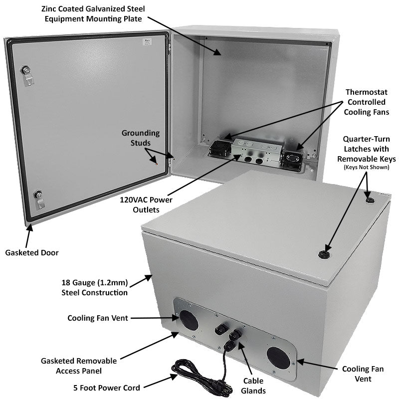 Altelix 24x24x16 Steel Weatherproof NEMA Enclosure with Dual Cooling Fans, Dual 120 VAC Duplex Outlets and Power Cord
